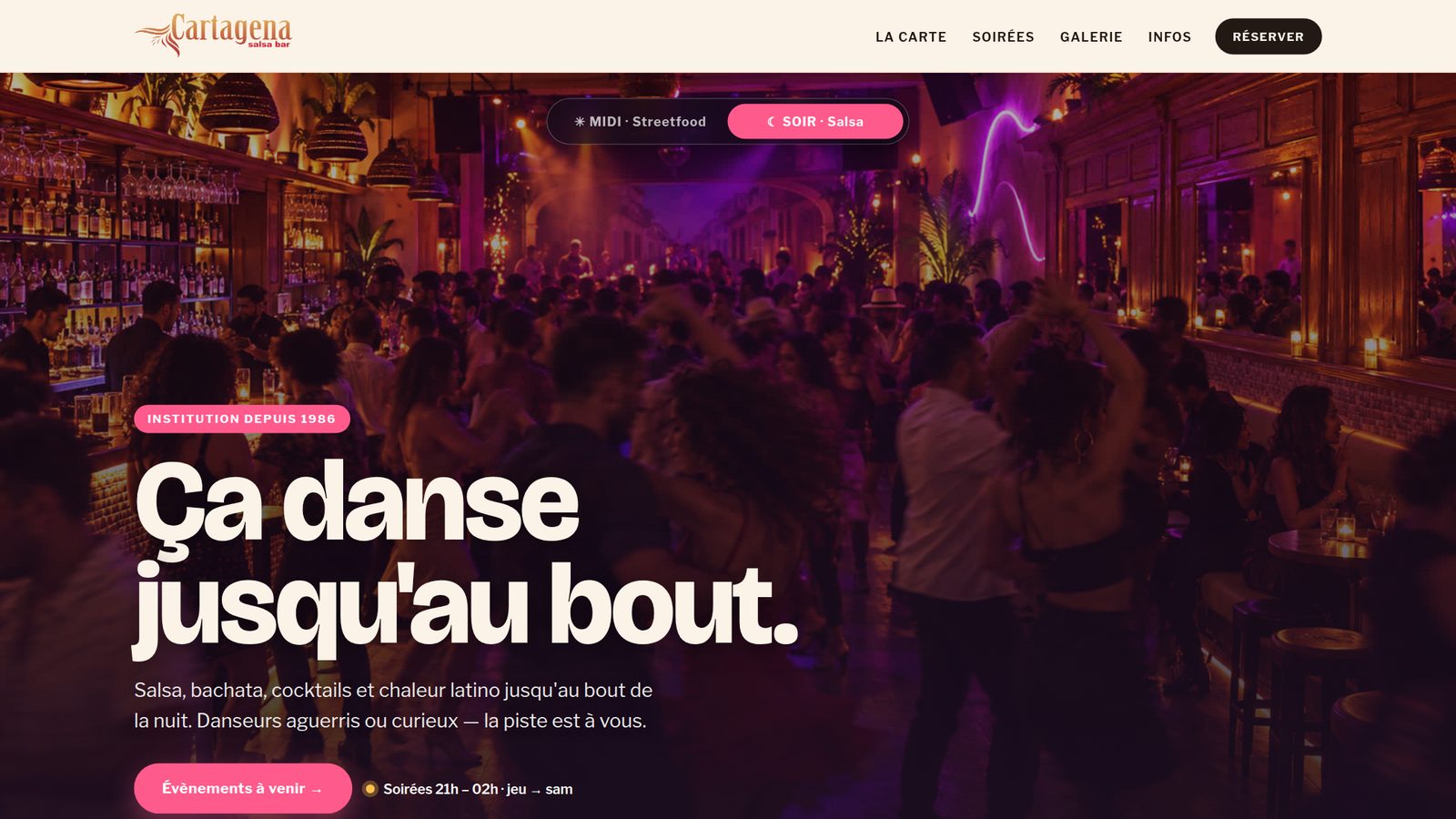 Page d'accueil du site Cartagena Salsa Bar, version bureau